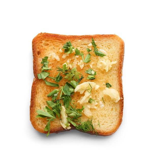 Delicious homemade garlic bread isolated on white