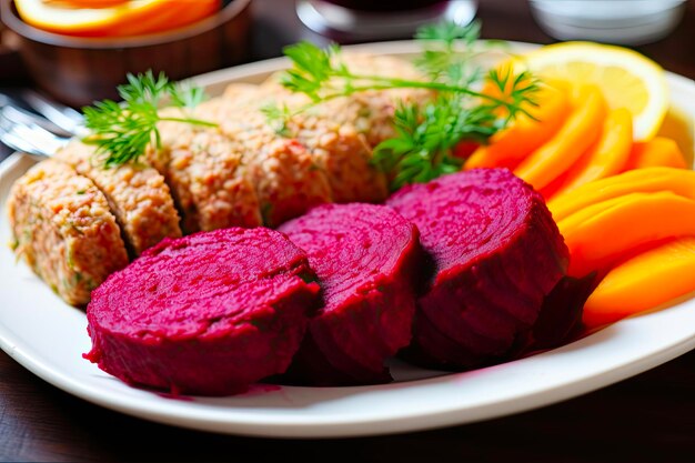 Delicious Homemade Gefilte Fish with Carrots Beetroots and Bread Perfect Dish for Jewish