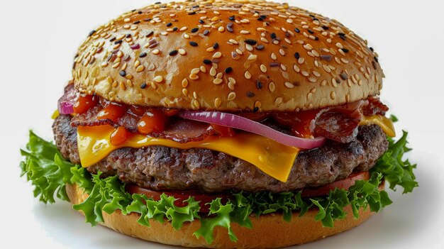 Photo delicious homemade hamburger with fresh vegetables on white table closeup