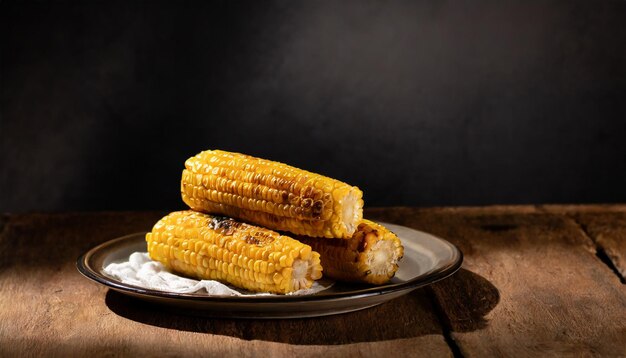 Delicious homemade hot grilled corn cob in plate on wooden table