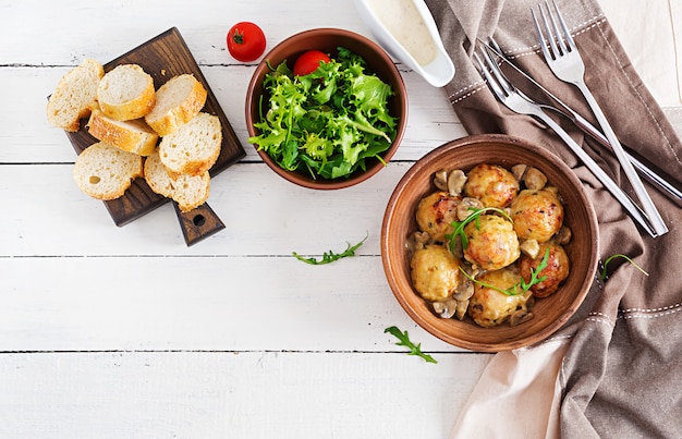 Фото Вкусные домашние котлеты с грибным сливочным соусом. шведская кухня