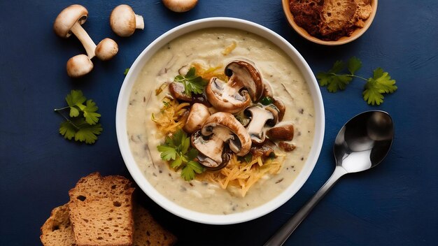 Delicious homemade mushroom cream soup top view