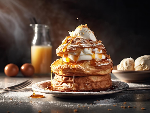 Delicious homemade Pancakes with maple syrup Generative AI