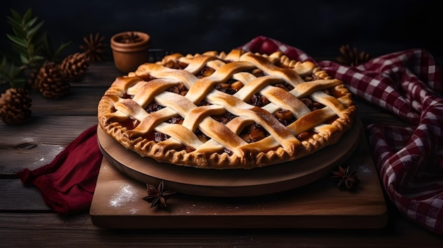 Delicious homemade pie with a lattice crust on a plain backdrop