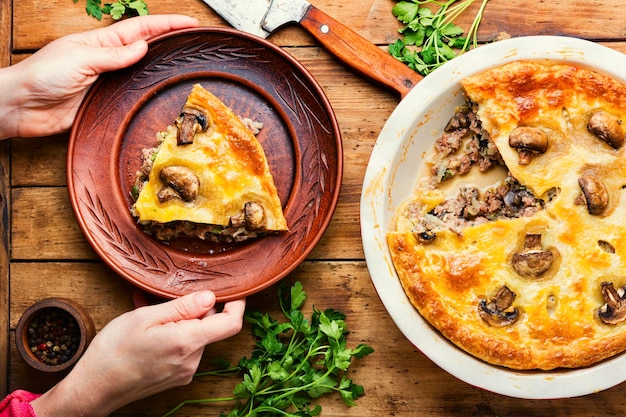 Delicious homemade pie with meat and mushrooms.