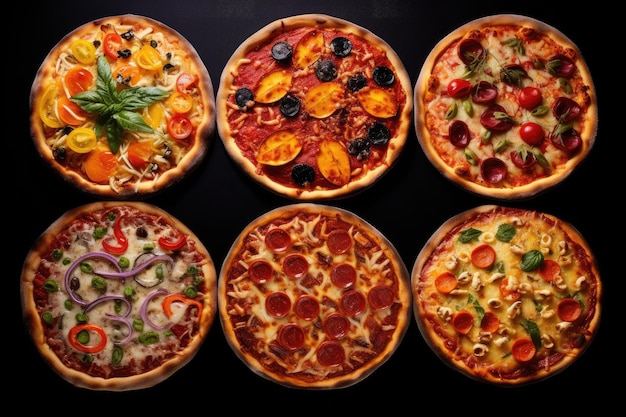 Delicious homemade pizzas displayed on black background