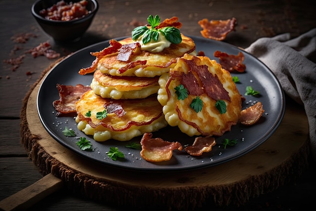 Delicious homemade potato pancakes decorated with fried bacon and cheese