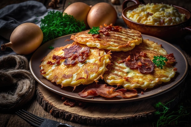 Delicious homemade potato pancakes with fried grated potatoes and bacon