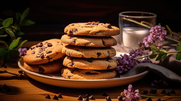 Delicious homemade summer cookies with chocolate chips and flowers on a wooden table