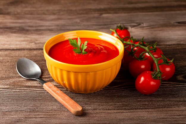 Delicious homemade tomato soup in bowl.