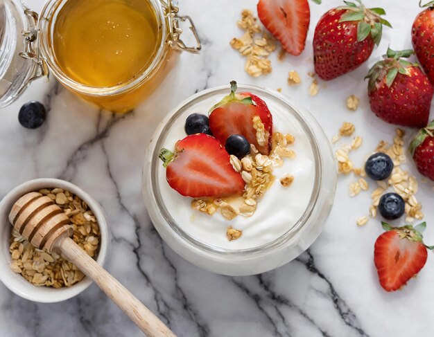 Above delicious homemade yogurt with berries strawberries and cereals on white background