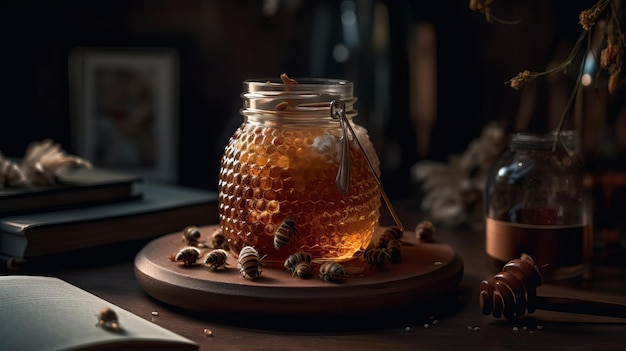 Delicious honey ad with glass jar with golden honey with realistic bees on background AI generated illustration