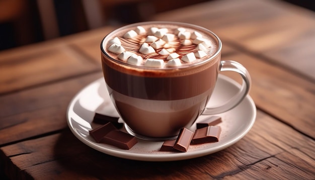 사진 맛있는 핫 초콜릿 커피 나무 테이블