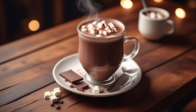 写真 木製のテーブルの上で美味しいホットチョコレートコーヒー