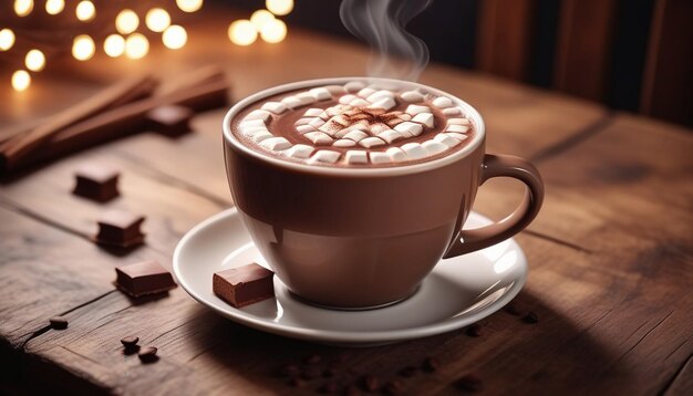 Вкусный горячий шоколадный кофе на деревянном столе