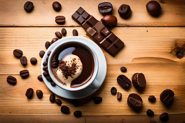 Photo delicious hot chocolate coffee on wood table