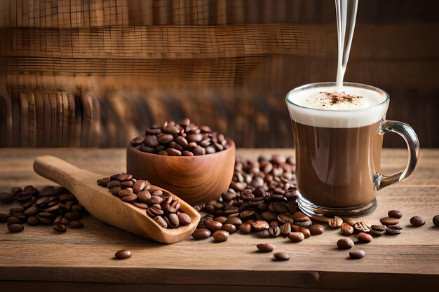 나무 테이블에 맛있는 핫 초콜릿 커피