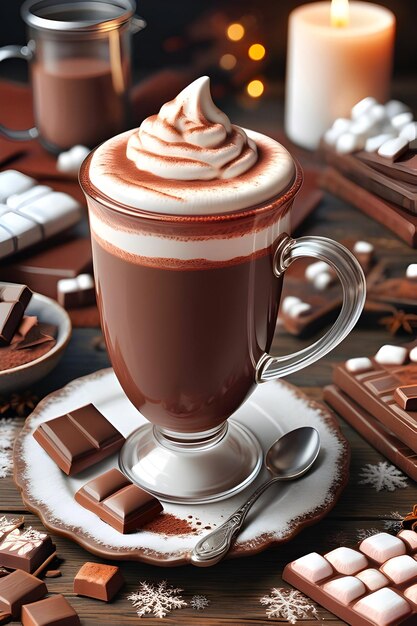 Delicious hot chocolate is on a table during winter