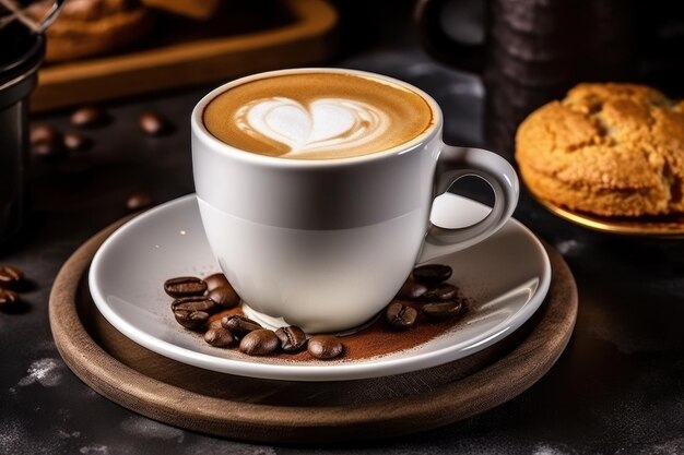 Delicious hot coffee in a cup on the table