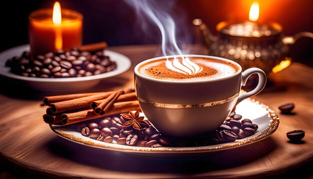 Photo delicious hot cup of coffee with cinnamon coffee beans and cake isolated on white background