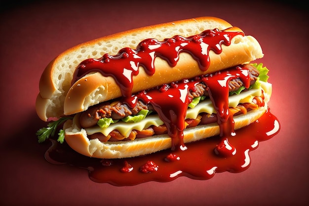 a delicious hot dog complete with sauce and on a dark background