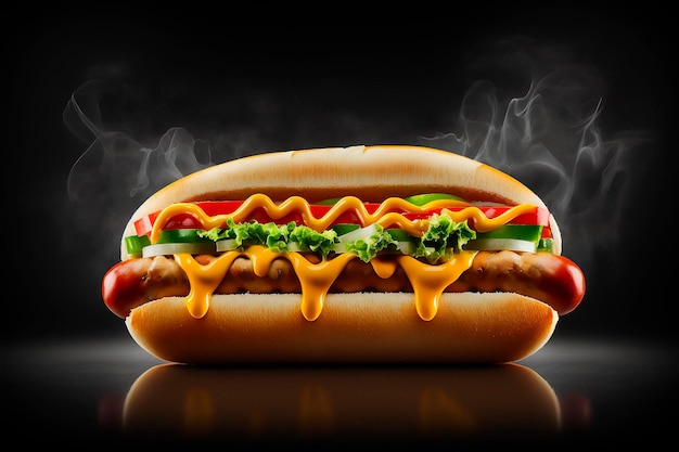 Delicious hot dog isolated on black background AI generated Fast food Street food