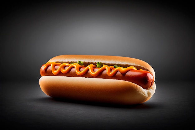 Delizioso hot dog isolato su sfondo nero ai generato fast food street food