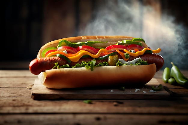 Foto delizioso hot dog su tavola in legno rustico ai generato fast food cibo di strada