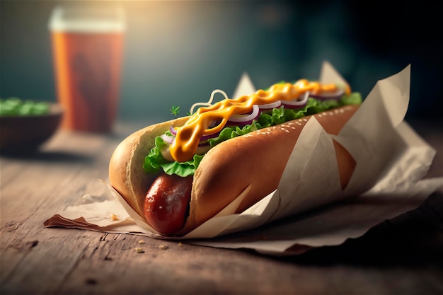 Delicious hot dog on rustic wooden table AI generated Fast food Street food