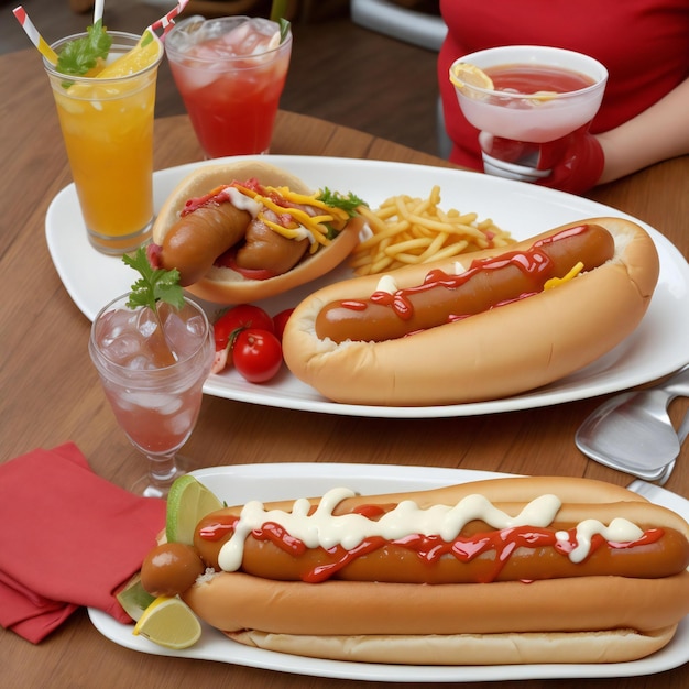 Delicious hot dog with drink