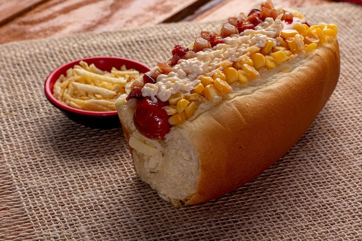 Photo delicious hot dog with ingredients and on colorful or wooden background