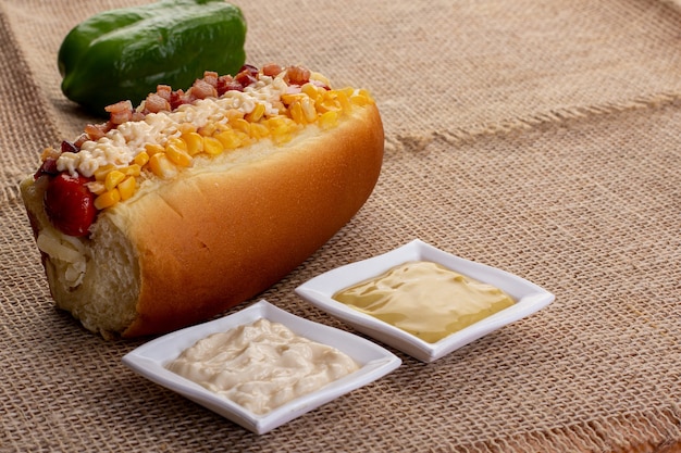 Delicious hot dog with ingredients and on colorful or wooden background