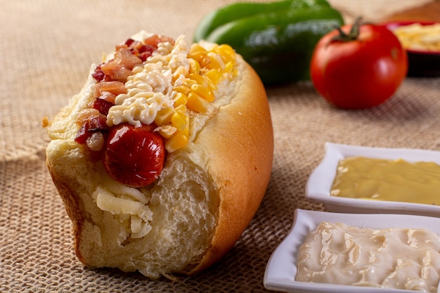 Delicious hot dog with ingredients and on colorful or wooden background