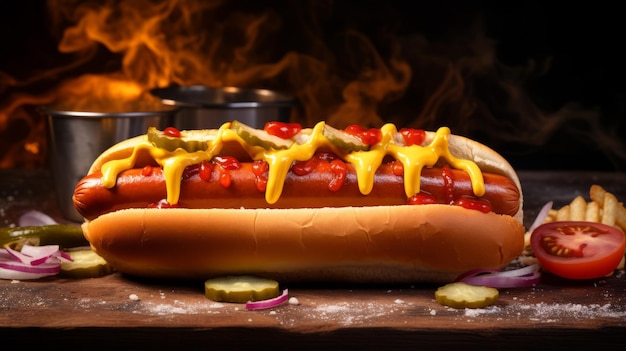 A delicious hot dog with ketchup and mustard