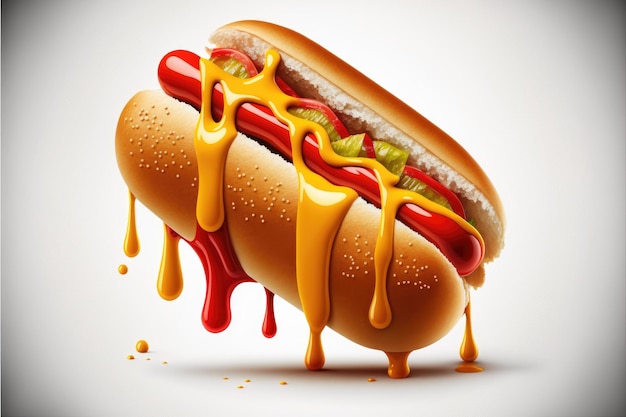 Delicious hot dog with mustard and ketchup top view isolated on a white background Generative AI