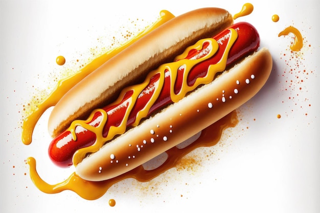 Delicious hot dog with mustard and ketchup top view isolated on a white background Generative AI