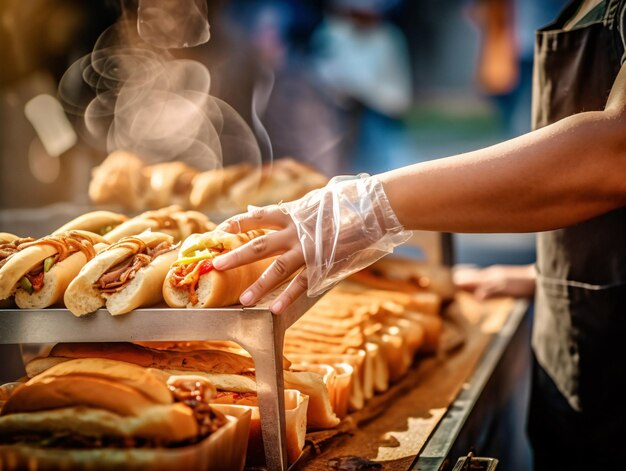 Delicious Hot Dogs Arranged Neatly on a Tray at a Vibrant Hot Dog Stand Generative AI