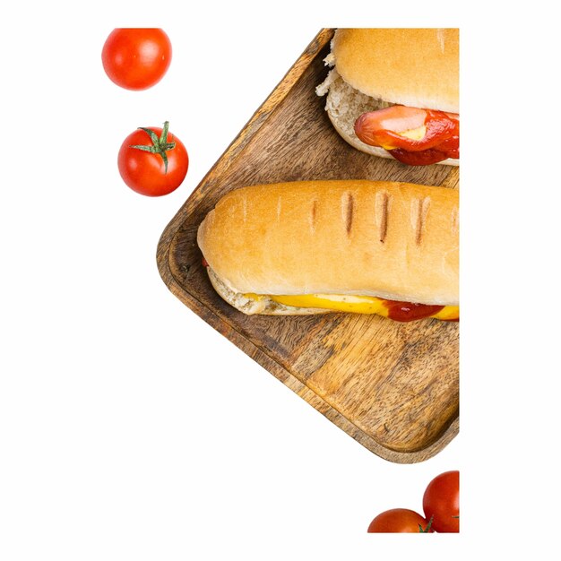 Вкусные хот-доги с кетчупом и сыром расположены на ру, изолированном на белом фоне.