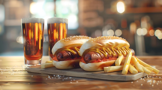 Delicious hot dogs with mustard and ketchup cold beer and fries casual dining scene perfect for pub and grill promotion culinary enjoyment on a wooden table AI