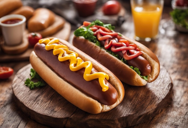 Delicious hot dogs with mustard and ketchup on rustic background