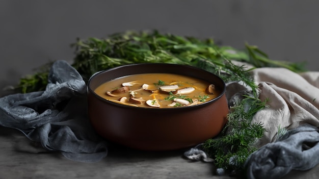 Delicious hot porcini soup in a copper pan illustrating seasonal autumn meal with fresh mushrooms on a dark wooden background