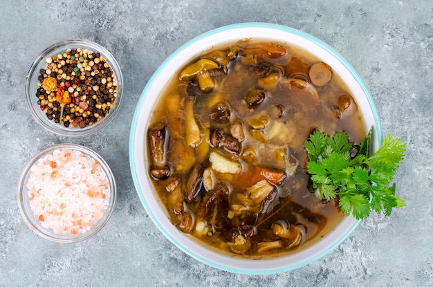 Delicious hot soup with wild mushrooms. Studio Photo.