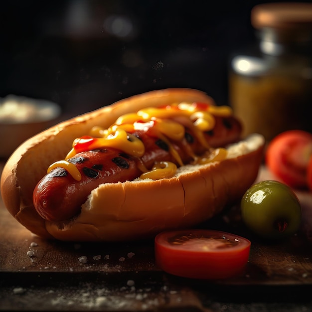 Photo delicious hotdog close up generative ai