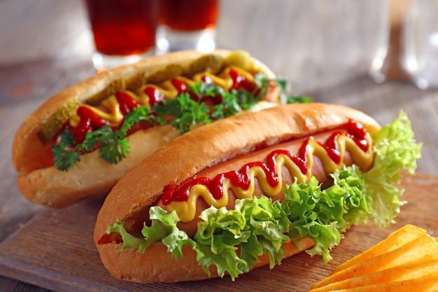 Delicious hotdog with chips on wooden background