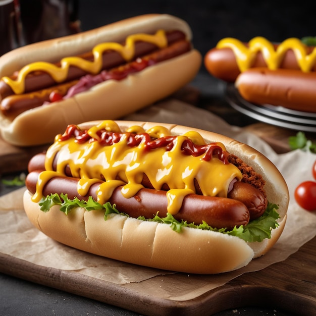 Photo delicious hotdogs with cheese sauce and sosis