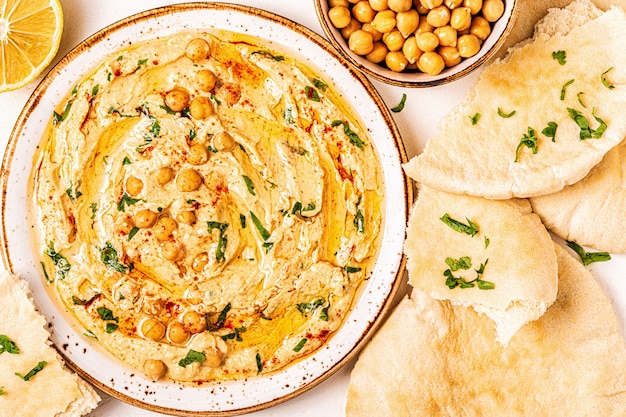 Delicious hummus on a ceramic plate