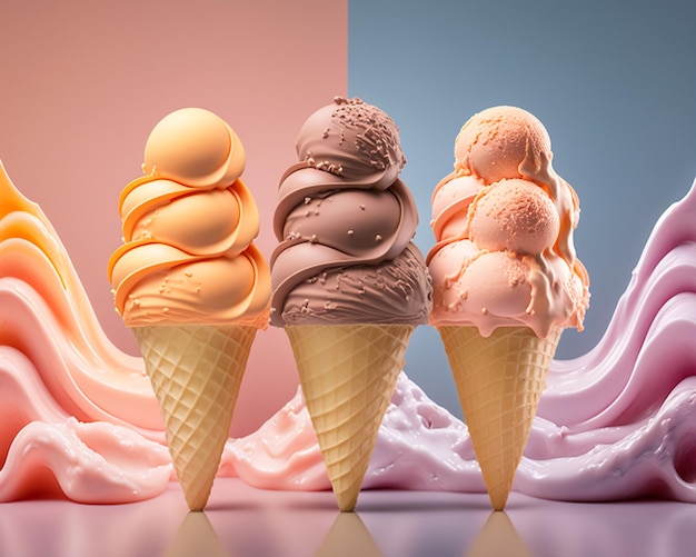 Foto delizioso cono gelato con diversi colori su gustose palline glace in stile 3d pastello ai generato