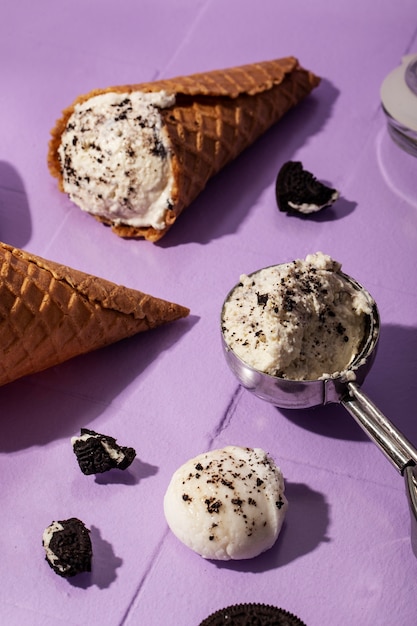 Delicious ice cream and cookies high angle