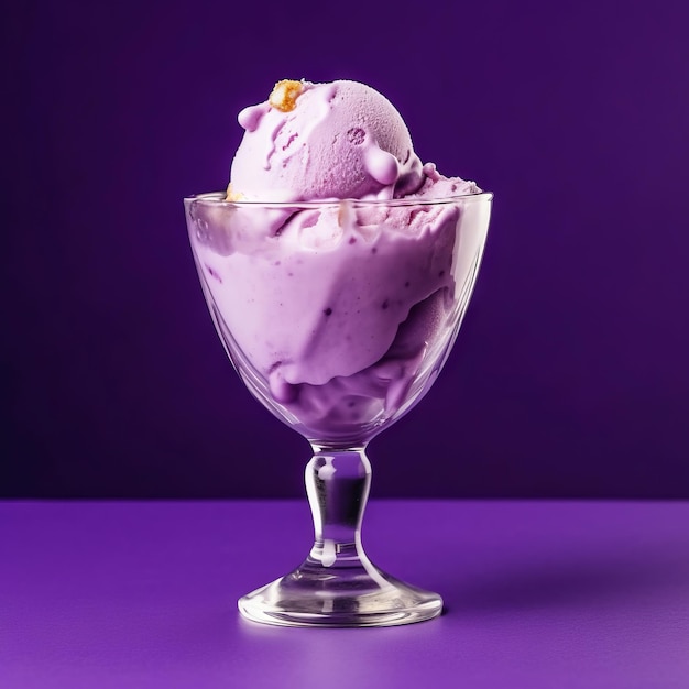 Delicious ice cream in a elegance glass summer cold ice cream dessert concept on purple