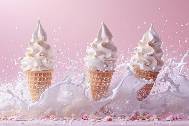 Delicious ice cream explosion closeup with writing spaced against a pink backdrop Generative AI